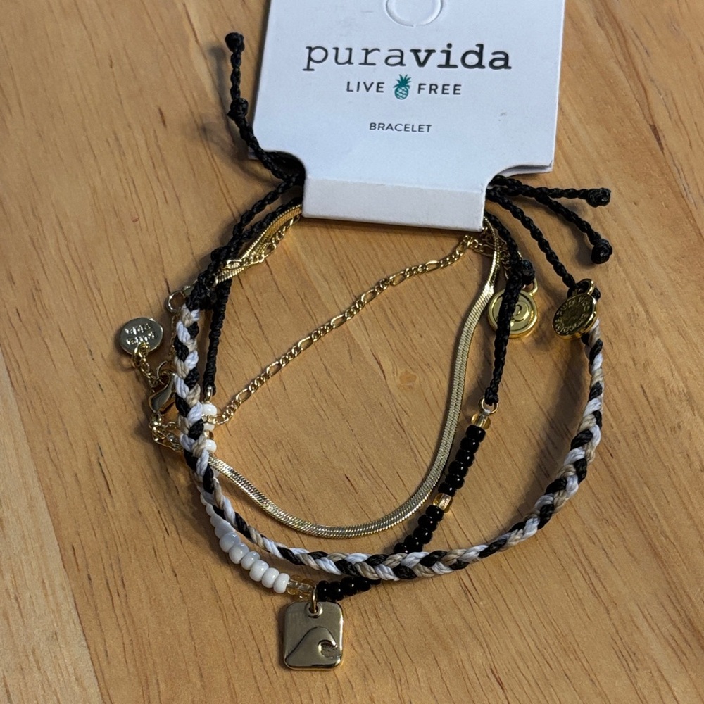 Pura Vida Black,‎ White & Gold Mixed-Material Bracelet Set